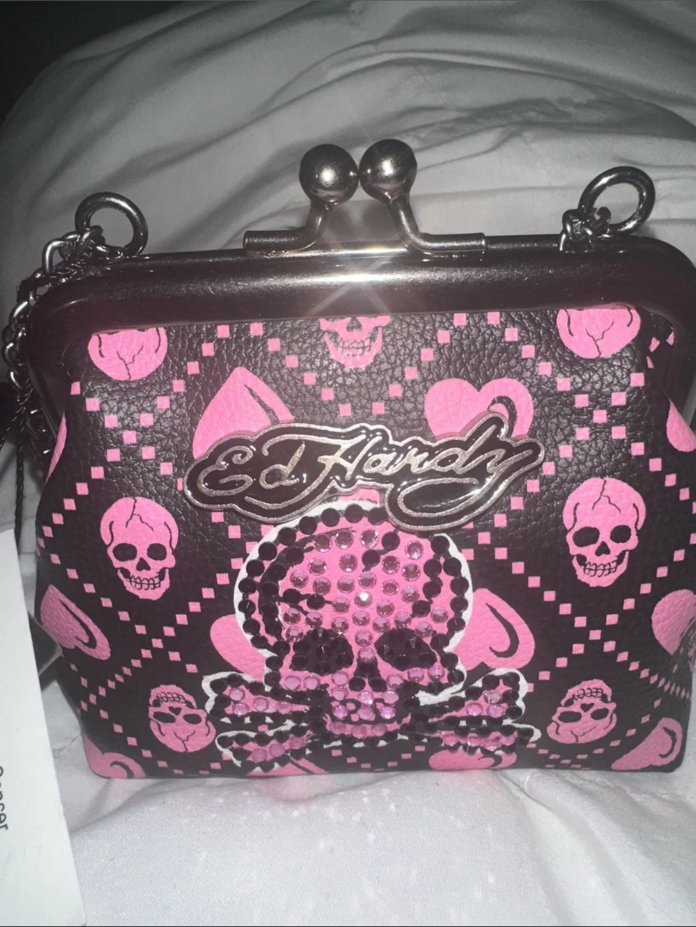 NWT ed Hardy Pink and Black Rhinestone Skull Kiss-Lock Wristlet with gunmetal ac